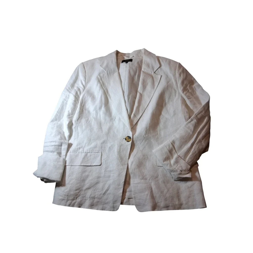 Quince Women White 100% European Linen Blazer Jacket Size M Single Button Lined